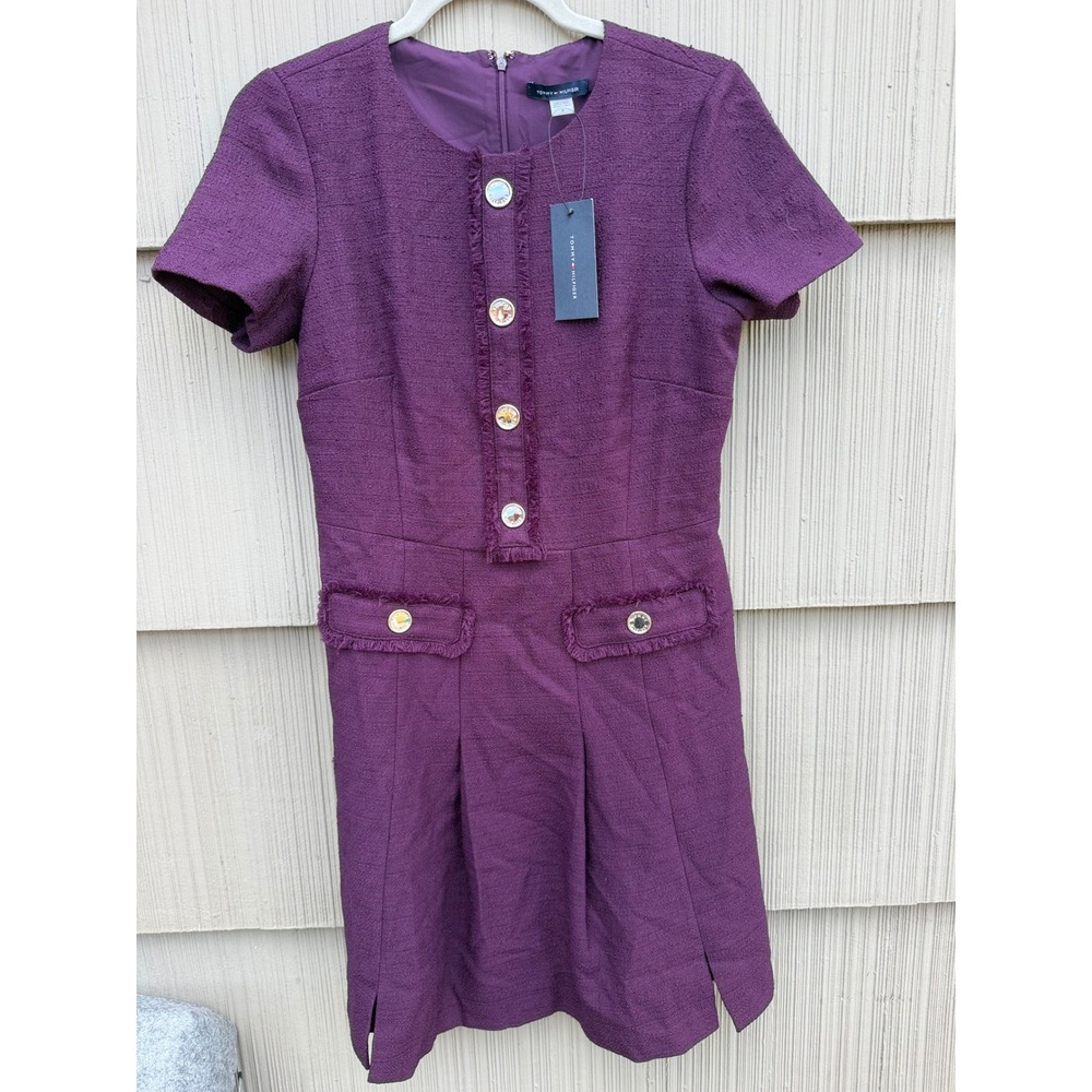 tommy hilfiger tweed dress 4 nwt gold button purple fringe work sheath preppy - Picture 2 of 9